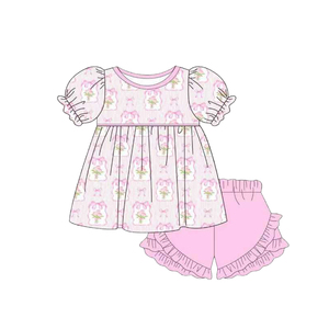 Conjunto de 2 Piezas de Ropa para Niñas, Pantalones Cortos Informales con Estampado de Flores y Lazos, de Algodón y Elastano Transpirable, y Mameluco Tipo Burbuja para Bebés - Product Image 4