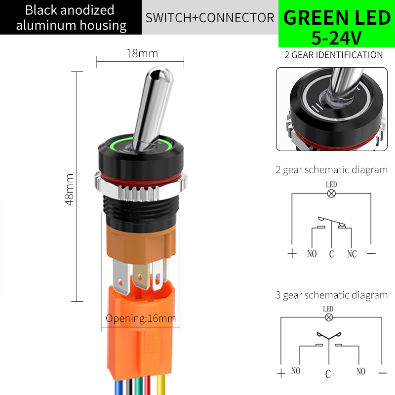 2-Pos/Black Anodized/Green+Connector/5-24V