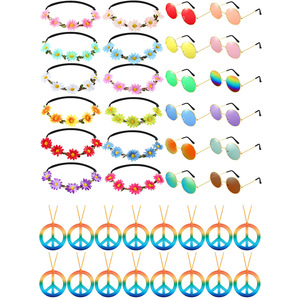 Conjunto de accesorios para fiesta hippie con diademas de flores, gafas de sol coloridas y collares con el signo de la paz para decoraciones de fiestas de disfraces. - Product Image 4
