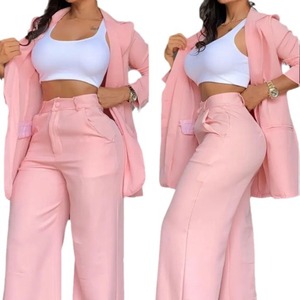 Ensemble de costume rose uni pour femme avec revers et poches latérales, pantalon droit SMLXLXXLXXXL – Élégant pour le quotidien et les loisirs - Product Image 5