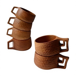 Handmade Wooden <b>Tea</b> Cups Set Round Shape With Handle Wabi Sabi Design Natural Finish Rustic Drinkware for Home Use - Product Image 1