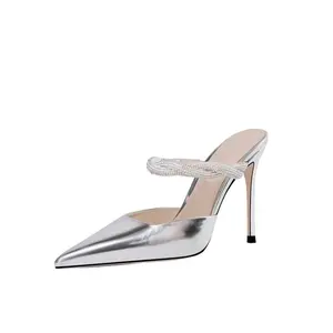Luxury Custom New Silver Muller Slippers Rhinestone High Heels Light Luxury Fashionable Sandals and diamond slippers