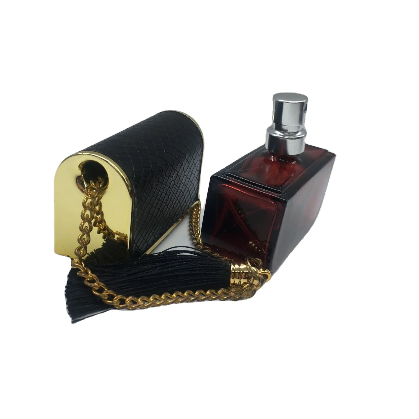 Garrafa de perfume luxuosa 50 ml, embalagem de garrafa de vidro com corrente de borla tampa de couro