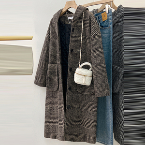 Abrigos de lana a cuadros coreanos para mujer, traje liso informal para mujer, abrigo largo de talla grande para invierno, chaquetas - Product Image 3