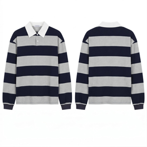 <span class=keywords><strong>Polo</strong></span> a maniche lunghe a righe oversize da uomo, stile Y2K streetwear, top da rugby con colletto a contrasto - Product Image 2