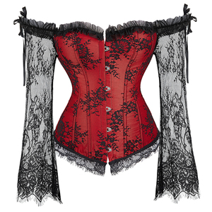 Women Long Sleeve Lace Overbust Corset <strong>Black</strong> Red Waist <strong>Bustiers</strong> <strong>Top</strong> Plus Size Korset Lingerie - Product Image 1