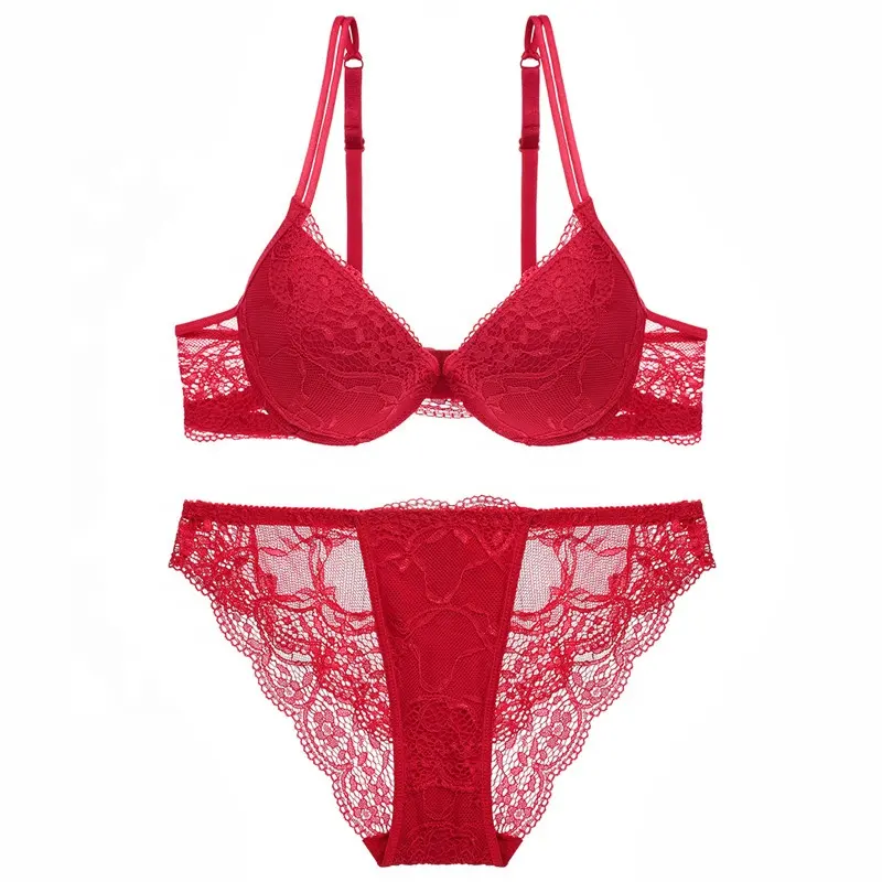 Hot Sale Merah Wanita Seksi Lace Bunga Bra dan Panty Set Tebal Piala Sexy Deep-V Push Up pakaian Bra Set