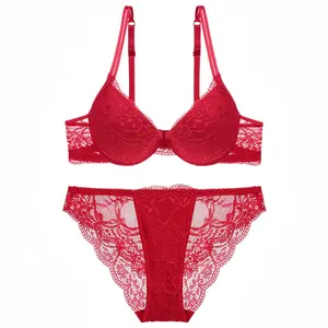 Hot Sale Red Women's Sexy Lace Flower Bra and Panty Set Thick Cup Sexy Deep-V Push up Underwear Bras Sets