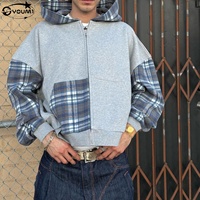Veste à capuche zippée en molleton français 100% coton, patchwork à carreaux, color block, pour hommes, fabriquée par YOUMI Clothing Manufacturers