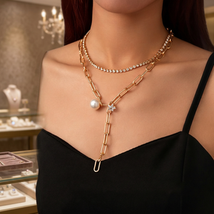 Collar de Oro con Capas, Cadena CZ, Gargantilla, Imitación de Perlas, Geométrico, Multicapa, para Mujer - Product Image 4
