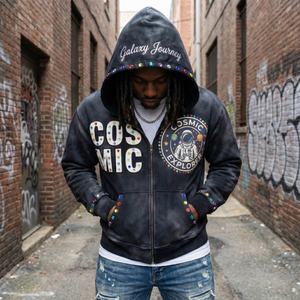 Sudadera con Capucha de Moda Urbana con Pedrería Personalizada, 450 GSM, Proveedor de Moda, Talla Grande, 100% Algodón, Chaqueta con Cremallera para Hombre - Product Image 1