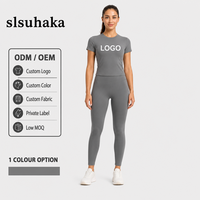 Ensemble T-shirt col rond et Legging taille haute à manches courtes pour femme, personnalisable avec logo, faible MOQ, deux pièces, pour yoga, gym, entraînement, vente en gros