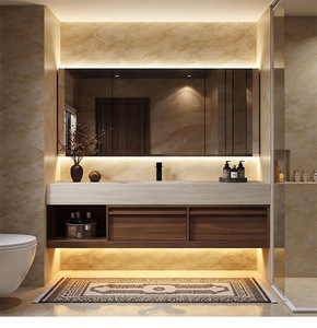 Meuble-lavabo de salle de bain contemporain avec vasque - Meuble de salle de bain en bois foncé avec éclairage LED et paniers en osier amovibles - Product Image 4
