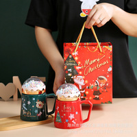 Tasse globe à neige de Noël de luxe, faite à la main, sérigraphiée, avec Père Noël et rennes 3D exquis, en céramique, avec coffret cadeau et sac assortis, pour les fêtes
