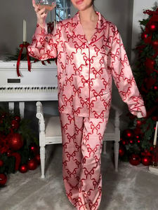 Kadınlar için kadın yay pijama setleri ipek saten uzun kollu düğme aşağı gömlek geniş bacak pantolon Loungewear pijama - Product Image 4