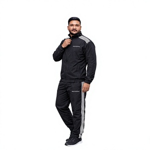 REXFIT SPORTS 2026 Ensemble de survêtement personnalisé en nylon noir avec bandes latérales blanches, veste zippée intégrale et pantalon, ensemble de vêtements de sport à marque privée - Product Image 1