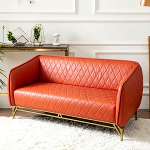 Sofá de Salón de Lujo Europeo Antiguo, de Cuero Rojo Vintage con Patas de Acero Inoxidable Doradas, para Hoteles y Hogares - Product Image 3