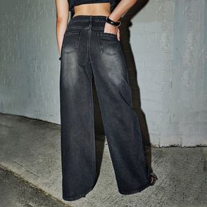 Jeans Anchos de Otoño para Mujer, Estilo Hip-Hop, 100% Algodón, Lavado Ácido, Desgastado, con Pedrería, Estilo Baggy - Product Image 2