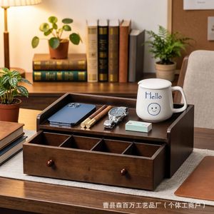 Solid Wood Desktop <b>Storage</b> <b>Box</b> With <b>Drawers</b> Brown Rectangle Office Organizer For Desk Accessories Shandong Made - Product Image 1
