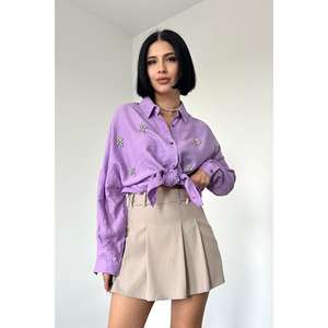 Camisa Corta de Lino Lila con Botones para Mujer, Estilo Casual para Uso Diario - Product Image 3