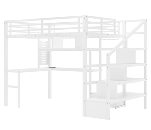 Lit moderne réglable pleine grandeur avec éclairage LED et station de charge, lit mezzanine en bois avec bureau et escalier - Product Image 4