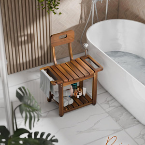 Solid Wood <b>Bathroom</b> Shower Chair With Backrest And <b>Storage</b> Shelf For Adults - Product Image 1