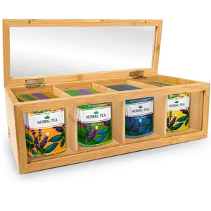 Clear Acrylic Glass Window Tea Box 3 Detachable Section Tea Bag Wooden Storage Box Bamboo Tea Bag Organizer