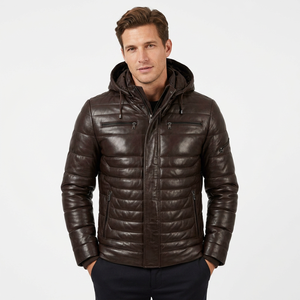 Blouson matelassé en cuir véritable marron pour homme, style motard, doublure en cuir de vachette, classique, chaud, pour l'hiver - Product Image 1