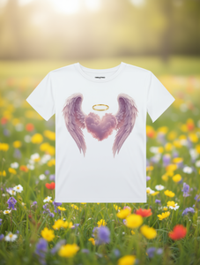 T-Shirt da Donna Christiano con Grafica Ali d'Angelo Bianche e Aureola a Cuore, Manica Corta, Collo Tondo, Casual, 100% Cotone, Stampa Digitale - Product Image 2