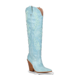 Stivali Alti al Ginocchio WETKISS Personalizzati con Punta Affusolata, Tacco Grosso Bianco, Stile Western Azzurro per Donne - Product Image 1