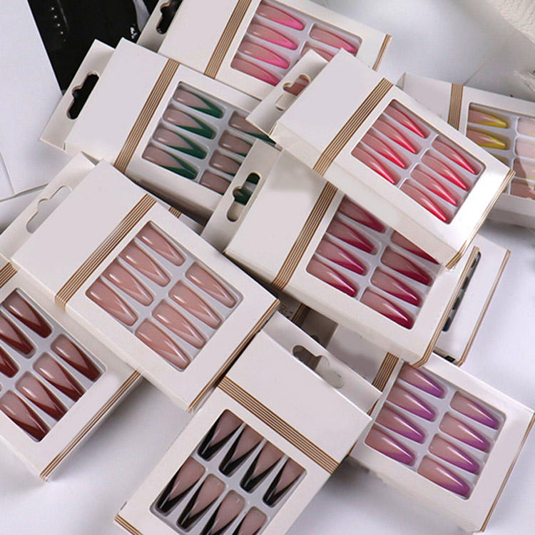 Press on Nails 24 Pieces High Quality French Coffin Shape Pink Nude Blue Tips False Nails