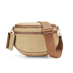 Nueva llegada: <span class=keywords><strong>Riñonera</strong></span> de rafia tejida a <span class=keywords><strong>crochet</strong></span> con correa de cuero para mujer, con doble cremallera, bandolera y cinturón, con cartera. - Product Image 1