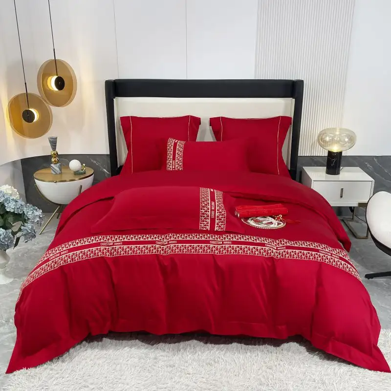 Drap de lit de qualité supérieure, housse de couette brodée en coton, couleur unie, ensemble de literie d'hôtel de luxe