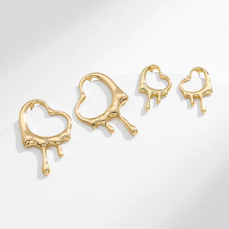 Original Design Women Girl Niche Jewelry Stud 18k Gold Plated Molten Metal Hollow Out Dripping Melting Heart Earring