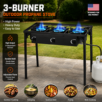 Réchaud de camping robuste à 3 brûleurs, cuisinière à gaz propane portable haute puissance avec brûleurs en fonte pour barbecue et cuisson en extérieur