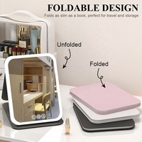 Miroir de voyage pliable rechargeable sans fil avec 3 lumières LED Miroir de courtoisie en cuir PU Miroir de courtoisie avec lumière LED Interrupteur à capteur tactile