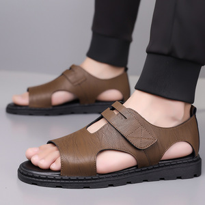 Sandales plates pour hommes en cuir souple avec fermeture Velcro, antidérapantes, pour l'été, la plage, en noir, marron, gris, tailles 39, 40, 41, 42, 43, 44 - Product Image 2