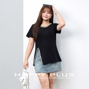Camiseta de punto con abertura frontal y adornos de perlas para mujer, color negro, informal, de color sólido, manga corta, para uso diario. - Product Image 3