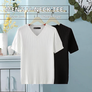 เสื้อยืดผ้าโพลีเอสเตอร์ถักทรงสลิมฟิตสำหรับผู้ชายเสื้อลำลองคอวีสีทึบระบายอากาศได้ดี - Product Image 2