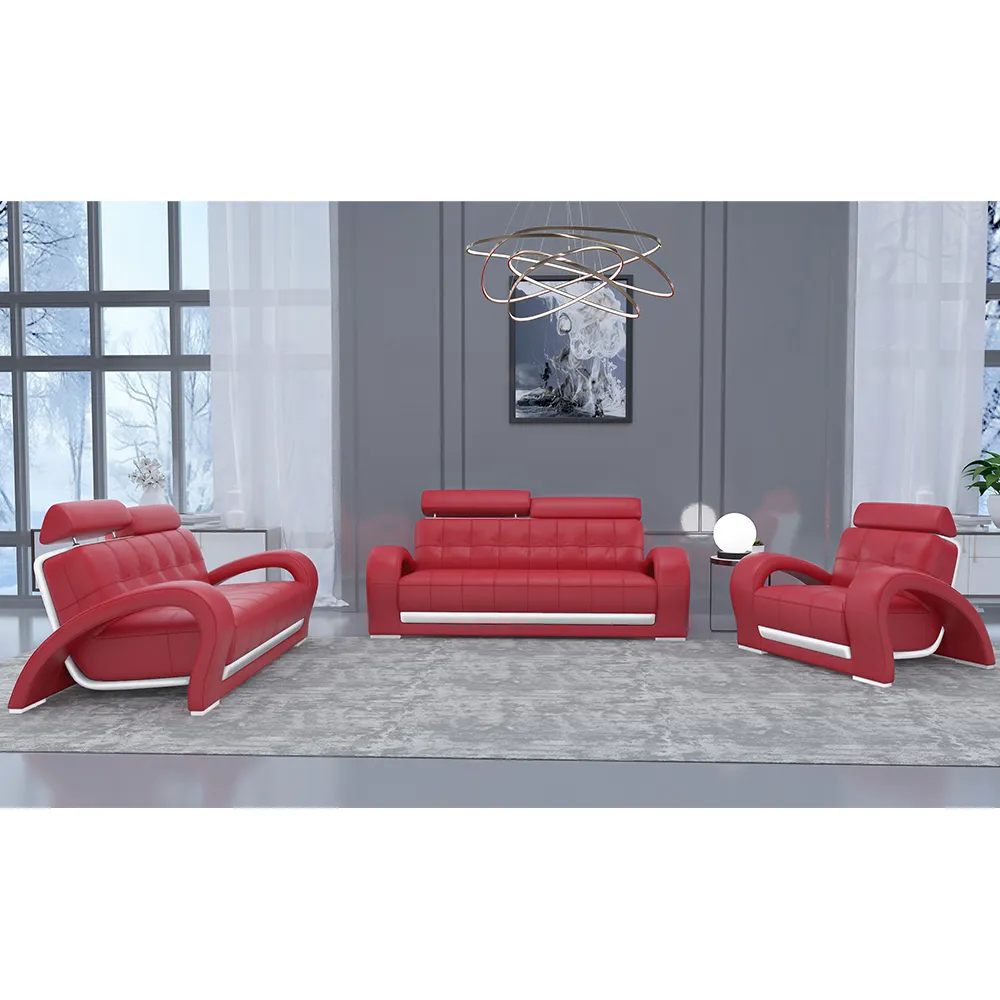 Modern luxury red living room couch leather sectional sofa set furniture
