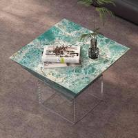 Table basse triangulaire en marbre vert avec base en acrylique transparente, table d'appoint de luxe pour salon moderne, décoration intérieure de la maison