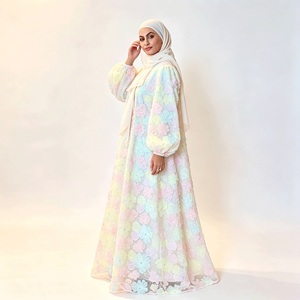 3D Floral Applique <strong>Maxi</strong> <strong>Dress</strong> Women Pastel Modest Wear Muslim Islamic Clothing Floor Length Occasion - Product Image 3