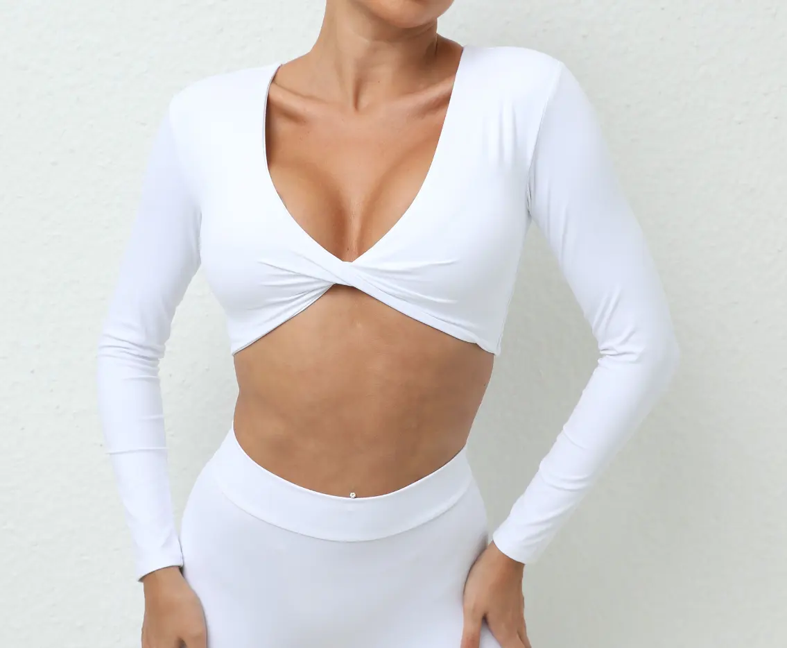 Wholesale Custom Crop Top V-Neck Sexy Front Twist Top Fitness Wear Work Out Long Sleeve Top For Women