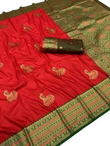 Womens Soft Silk Printed <b>Red</b> <b>Saree</b> With Green Border And Peacock Motif For Wedding And Festival Wear - Product Image 3