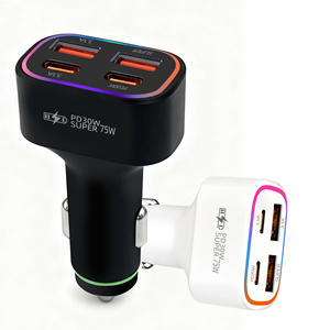 Cargador de Coche de 75W con Carga Rápida, 2 Puertos USB + 2 Puertos Tipo C, Adaptador para Encendedor de Cigarrillos, para <span class=keywords><strong>iPhone</strong></span> y Samsung - Product Image 1