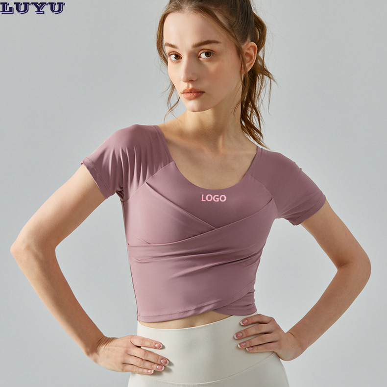 2026 Hot Sale Cross Front Yoga Top Short Sleeve with Built-in Bra Naked Feel Slimming Workout T-Shirt for Women