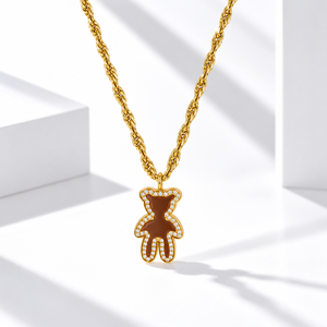 Collar de oso de peluche de acero inoxidable chapado en oro de 14K al vacío con esmalte marrón y cadena de cuerda con piedra transparente - Product Image 1