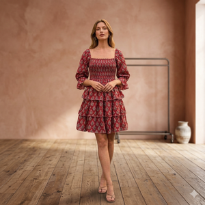 Robe midi décontractée en coton imprimé floral, coupe trapèze, style bohème, col carré, ourlet étagé, tissu respirant, pour les vacances d'été et le quotidien - Product Image 2