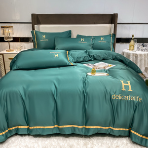 Bộ ga trải giường lụa tơ tằm cao cấp thêu họa tiết, 4 món, thiết kế logo thương hiệu tùy chỉnh, bao gồm ga trải giường fitted. - Product Image 3