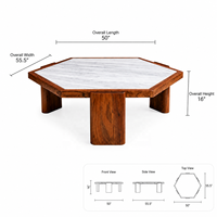 Table basse hexagonale moderne de luxe 55 pouces avec plateau en marbre et pieds sculpturaux en bois massif pour projets de villas et d'hôtels